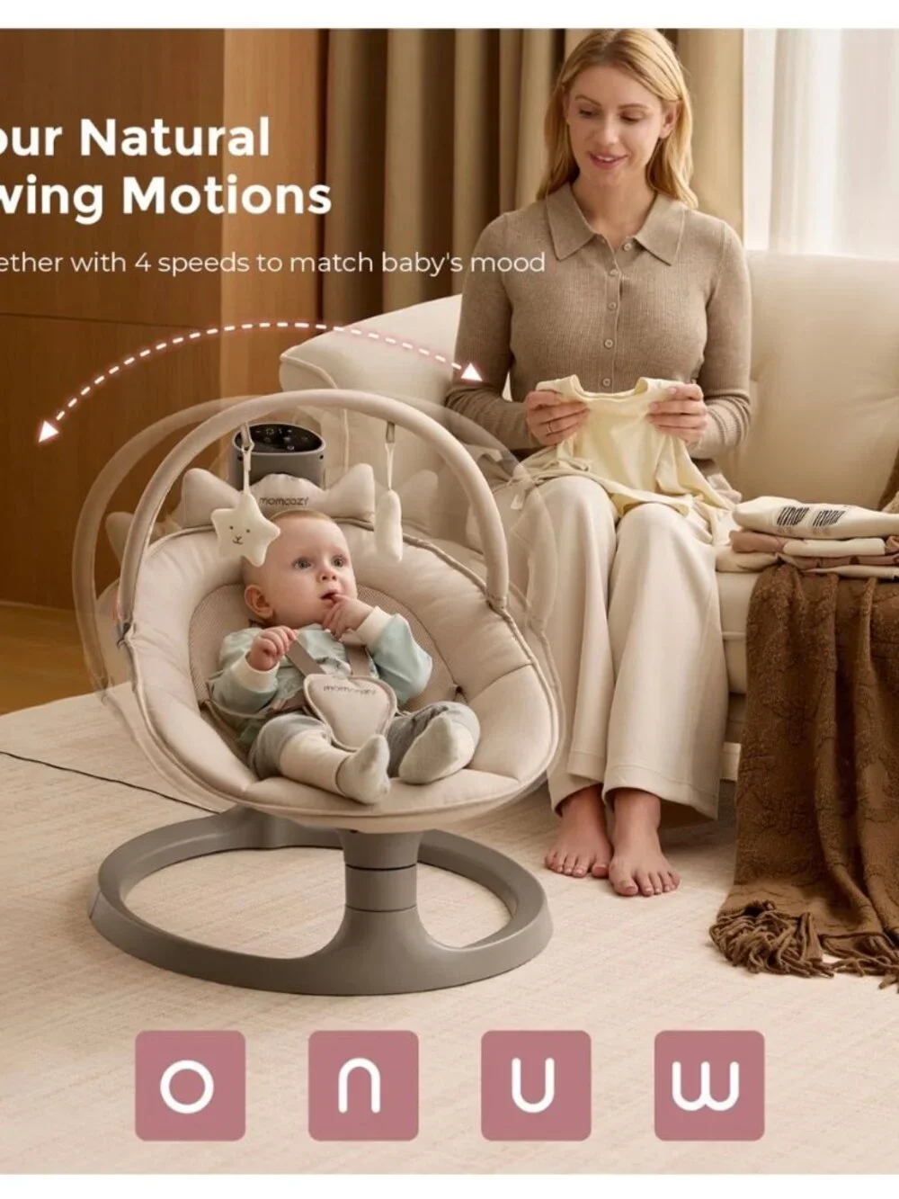 Momcozy 2-in-1 Electric Baby Swing & Toddler Seat, Adjustable Height, Khaki, New